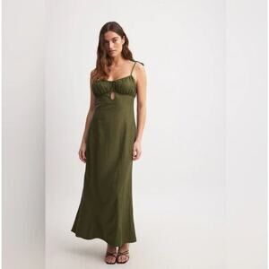 Linen Blend Tie Straps Midi Dress- Olive Green